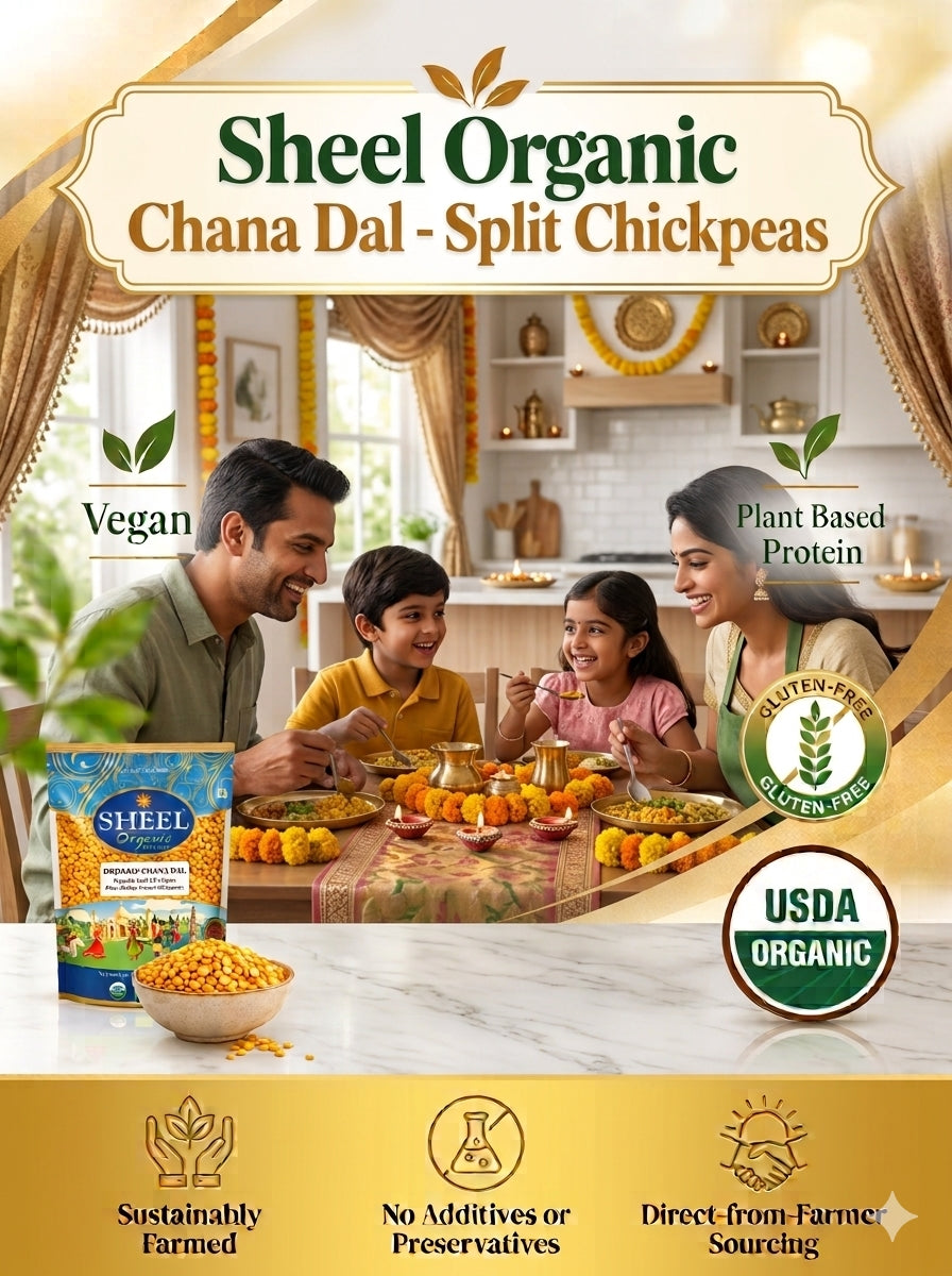 Sheel Organic Chana Dal / Split Chickpeas - 4 Lb (1.8 kg) ~ USDA Organic ~ Vegan ~ Gluten Free ~ Vegetarian