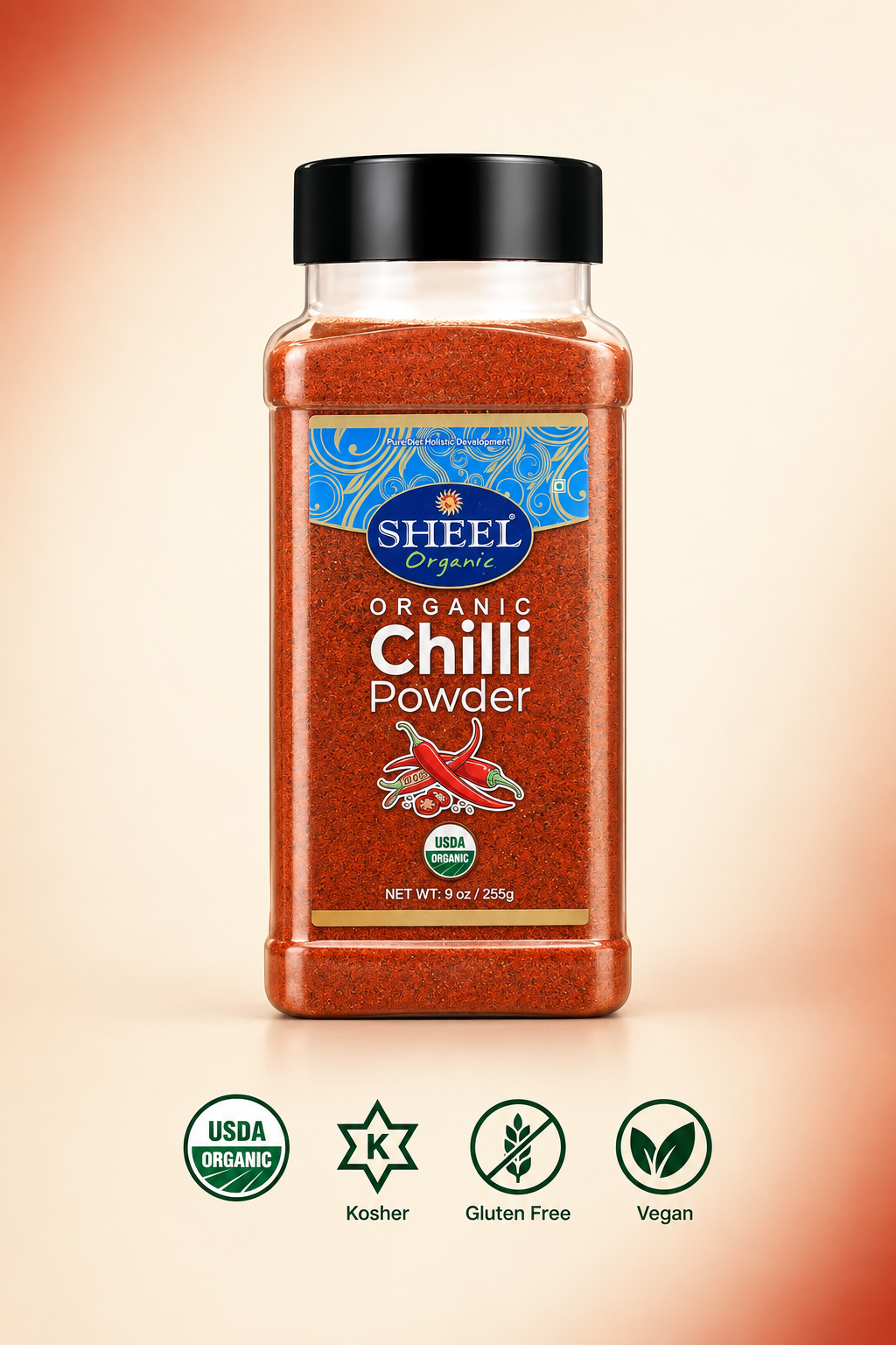 Sheel Organic Chilli Powder, USDA Certified, Kosher, Vegan - 9 oz / 255g