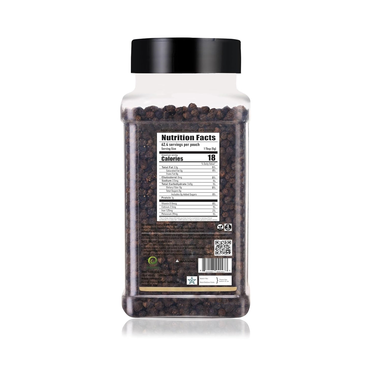 Sheel Organic Black Pepper Whole, USDA Certified, Non-GMO, Gluten-Free, Kosher, 10 oz - 284g