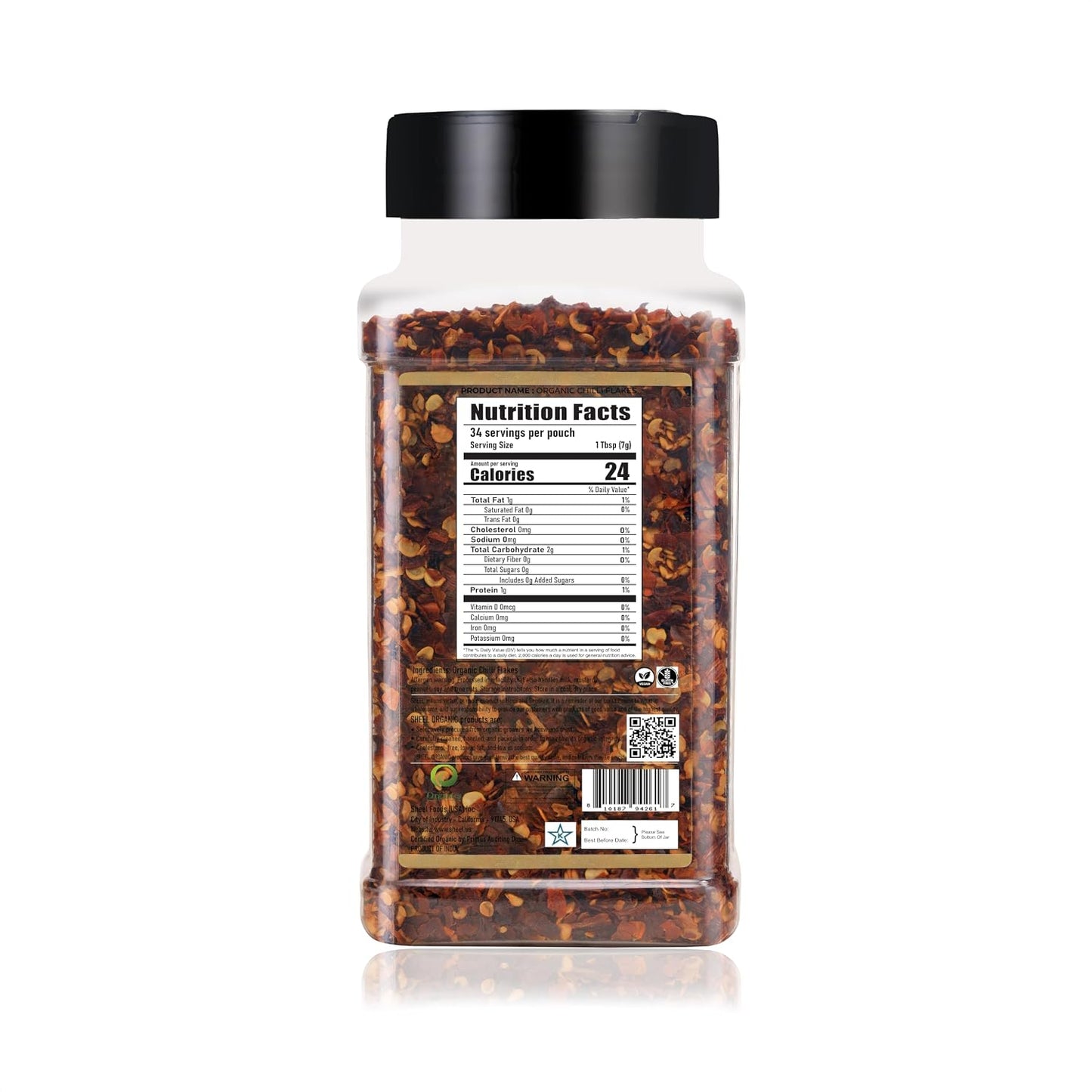Sheel Organic Chilli Flakes, USDA Organic, Crushed, 6 oz / 170g, Gluten Free, Red Pepper Spice