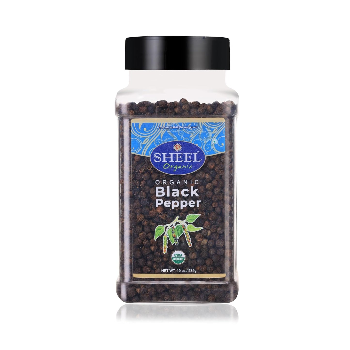 Sheel Organic Black Pepper Whole, USDA Certified, Non-GMO, Gluten-Free, Kosher, 10 oz - 284g