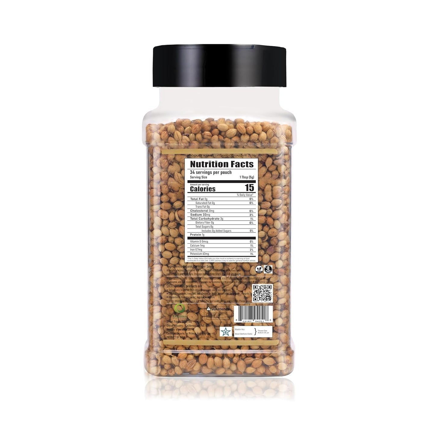 Sheel Organic Coriander Seeds, USDA Organic, Kosher, Whole Spice, 6 oz / 170g