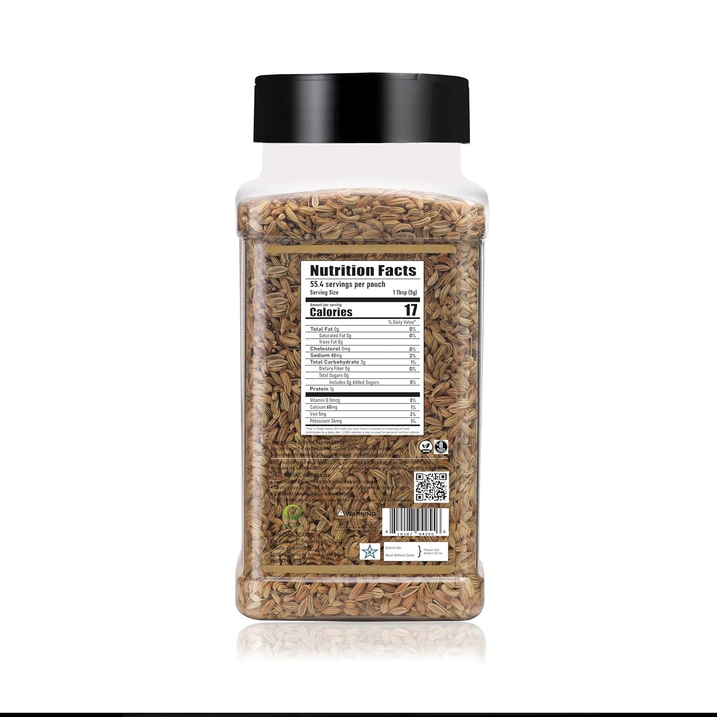 Sheel Organic Fennel Seeds, USDA Organic, Kosher Certified, 8 oz / 227g