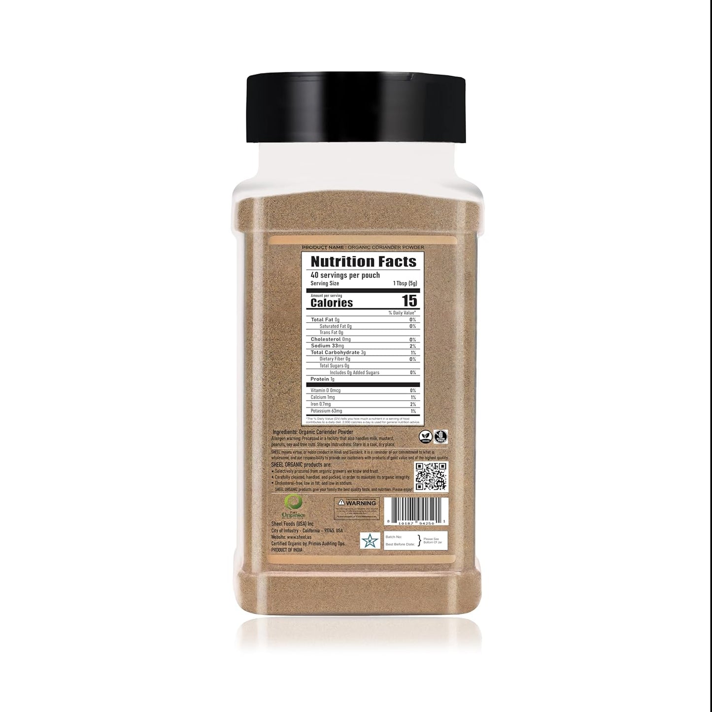 SHEEL Organic Coriander Powder, USDA Certified, Kosher, Vegan, Single Ingredient, 7 oz / 200g