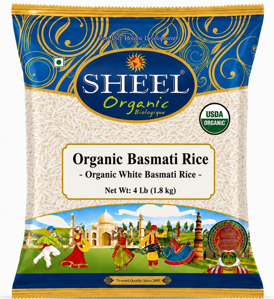 Organic White Basmati Rice, Sheel Brand, Extra Long Grain, USDA Organic, Vegan, Naturally Aged, Rich Aroma, 4 lb (1.8 kg)