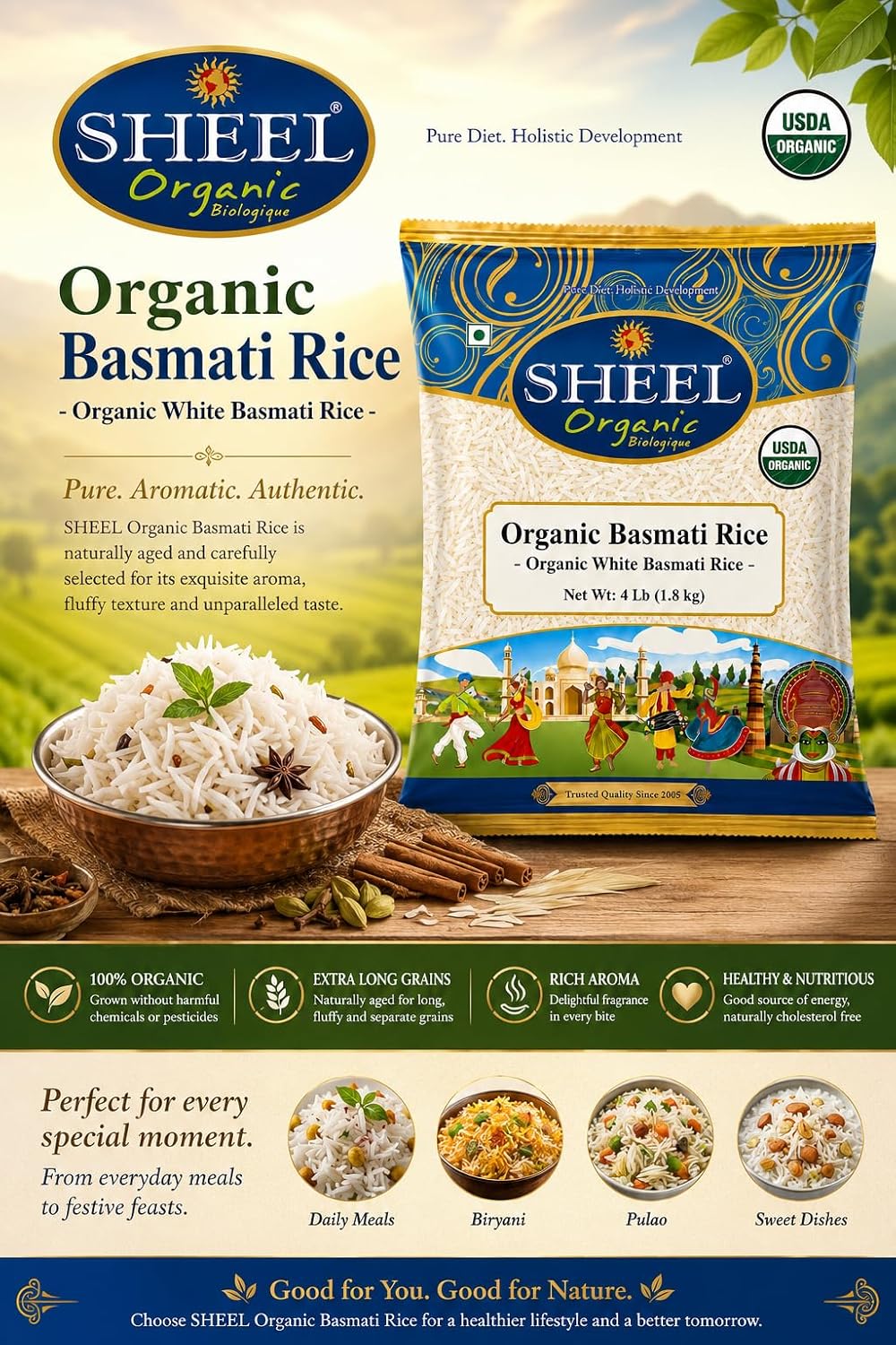 Organic White Basmati Rice, Sheel Brand, Extra Long Grain, USDA Organic, Vegan, Naturally Aged, Rich Aroma, 4 lb (1.8 kg)