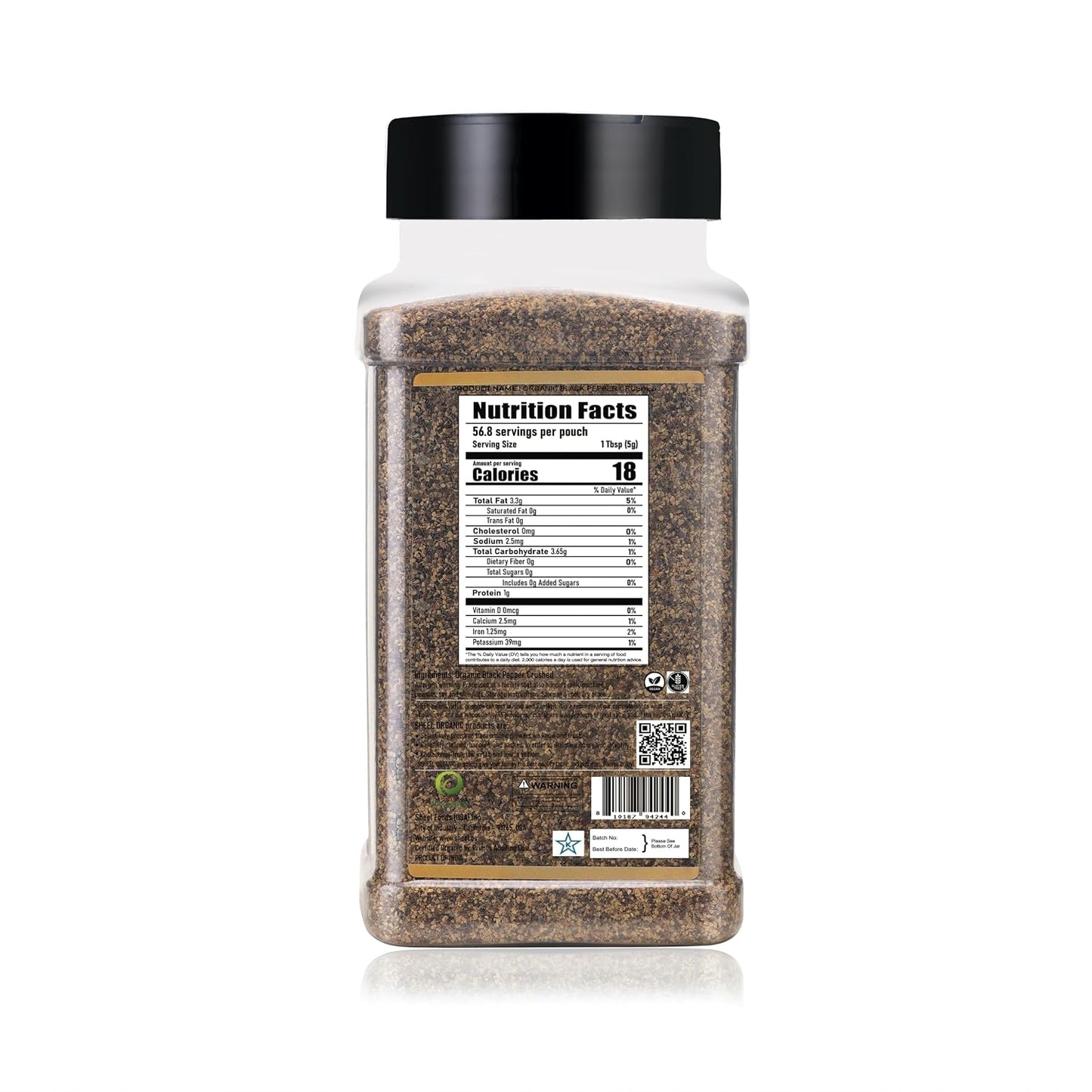 Sheel Organic Crushed Black Pepper, USDA Organic, Ground Pepper Spice, 10 oz