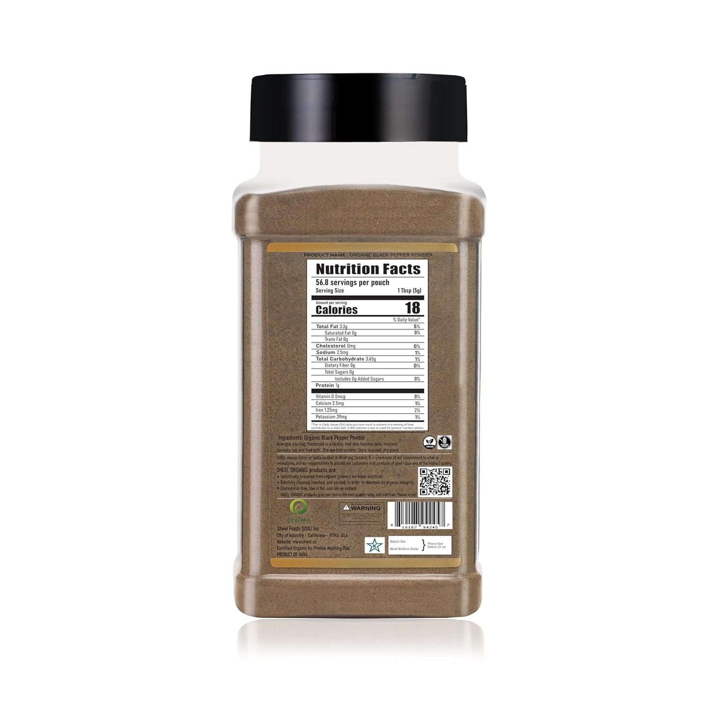 Sheel Organic Black Pepper Powder, USDA Certified, Non-GMO, Kosher, Gluten-Free, 10 oz / 284g