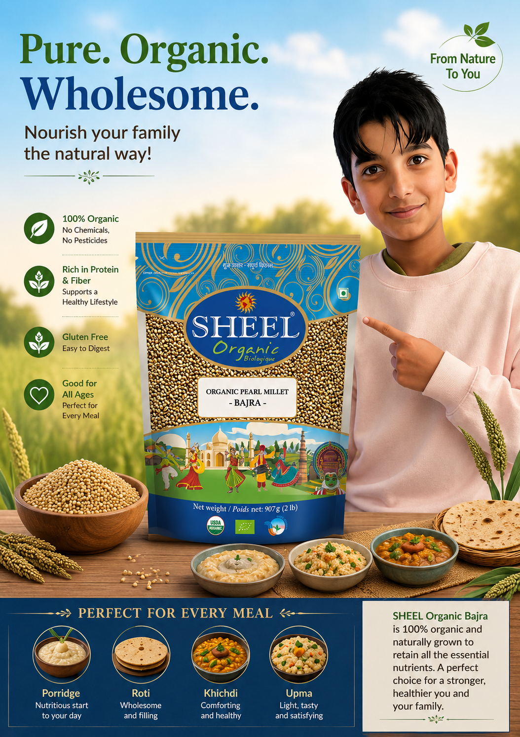 Organic Pearl Millet - Bajra ~ Raw / Natural ~ Vegan ~ Unpolished (2 Lb / 907g)