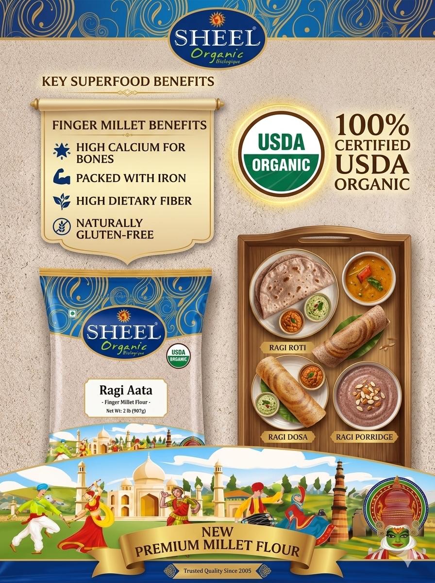 Organic Finger Millet Flour - Ragi Atta - 2 Lb (907g), USDA Organic, Vegan, Vegetarian
