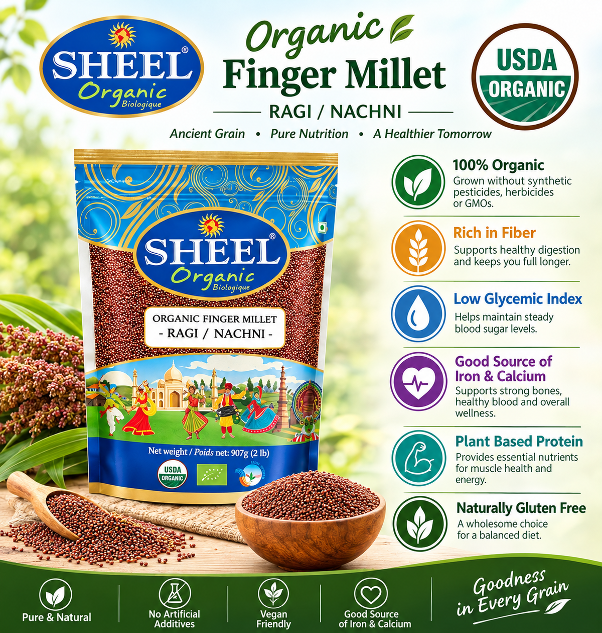 Organic Finger Millet - Ragi Whole ~ Nachni ~ Raw / Natural ~ Vegan ~ Unpolished (2 Lb / 907g)