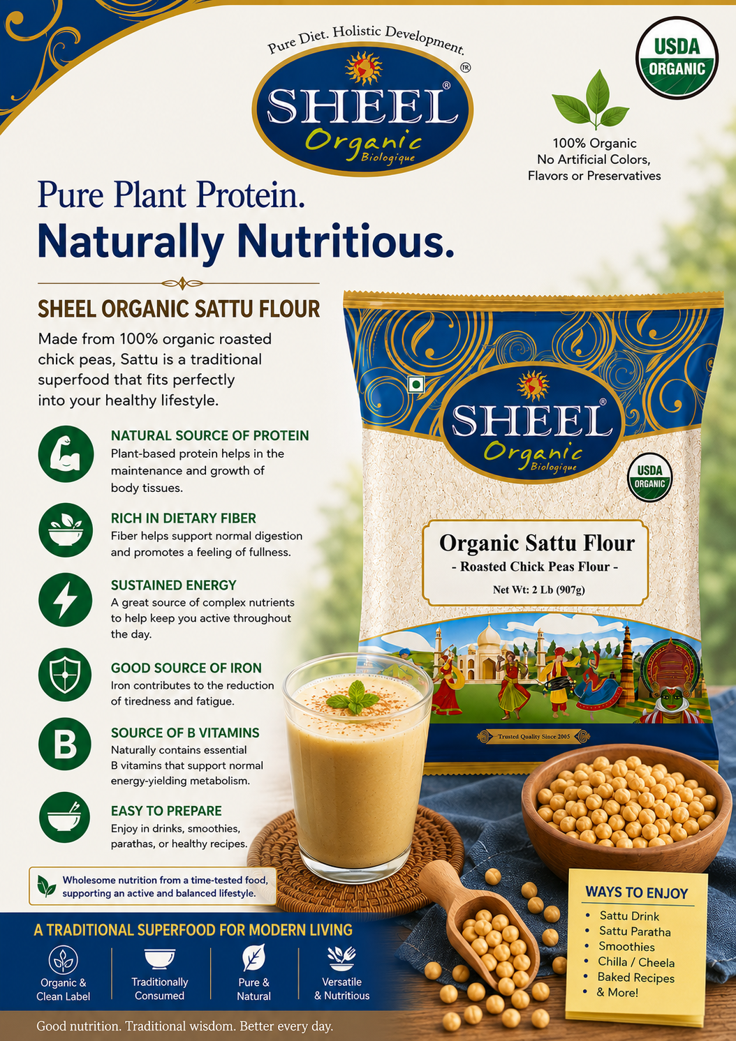 Organic Sattu Flour (Roasted Chick Peas Flour) - 2 Lb (907g) ~ Sheel Brand ~ USDA Organic ~ Plant Based Protein ~Gluten Free ~ Single Ingredient
