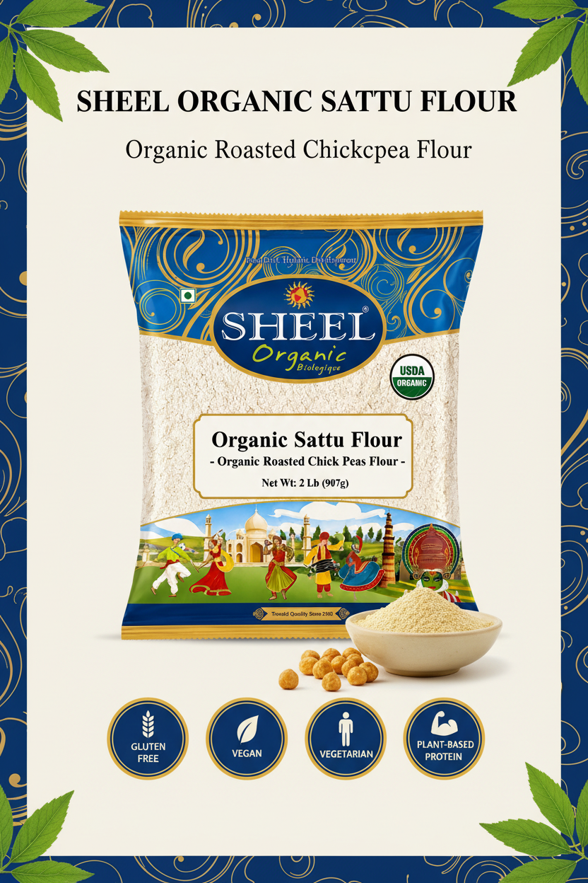 Organic Sattu Flour (Roasted Chick Peas Flour) - 2 Lb (907g) ~ Sheel Brand ~ USDA Organic ~ Plant Based Protein ~Gluten Free ~ Single Ingredient