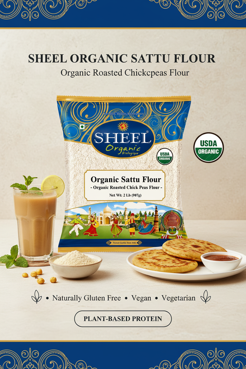 Organic Sattu Flour (Roasted Chick Peas Flour) - 2 Lb (907g) ~ Sheel Brand ~ USDA Organic ~ Plant Based Protein ~Gluten Free ~ Single Ingredient