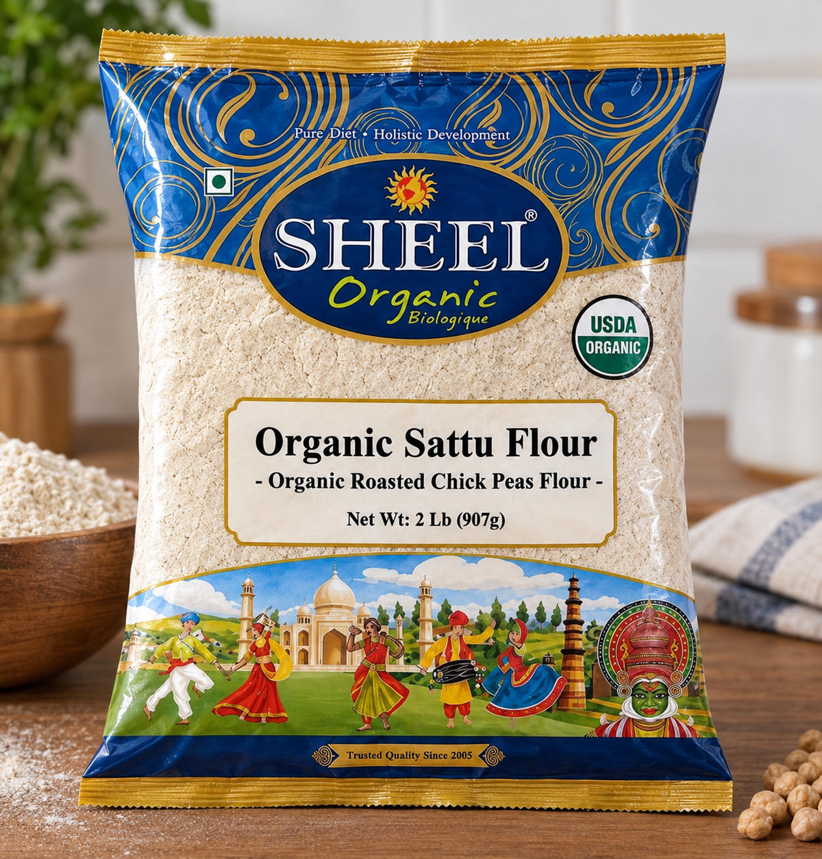 Organic Sattu Flour (Roasted Chick Peas Flour) - 2 Lb (907g) ~ Sheel Brand ~ USDA Organic ~ Plant Based Protein ~Gluten Free ~ Single Ingredient