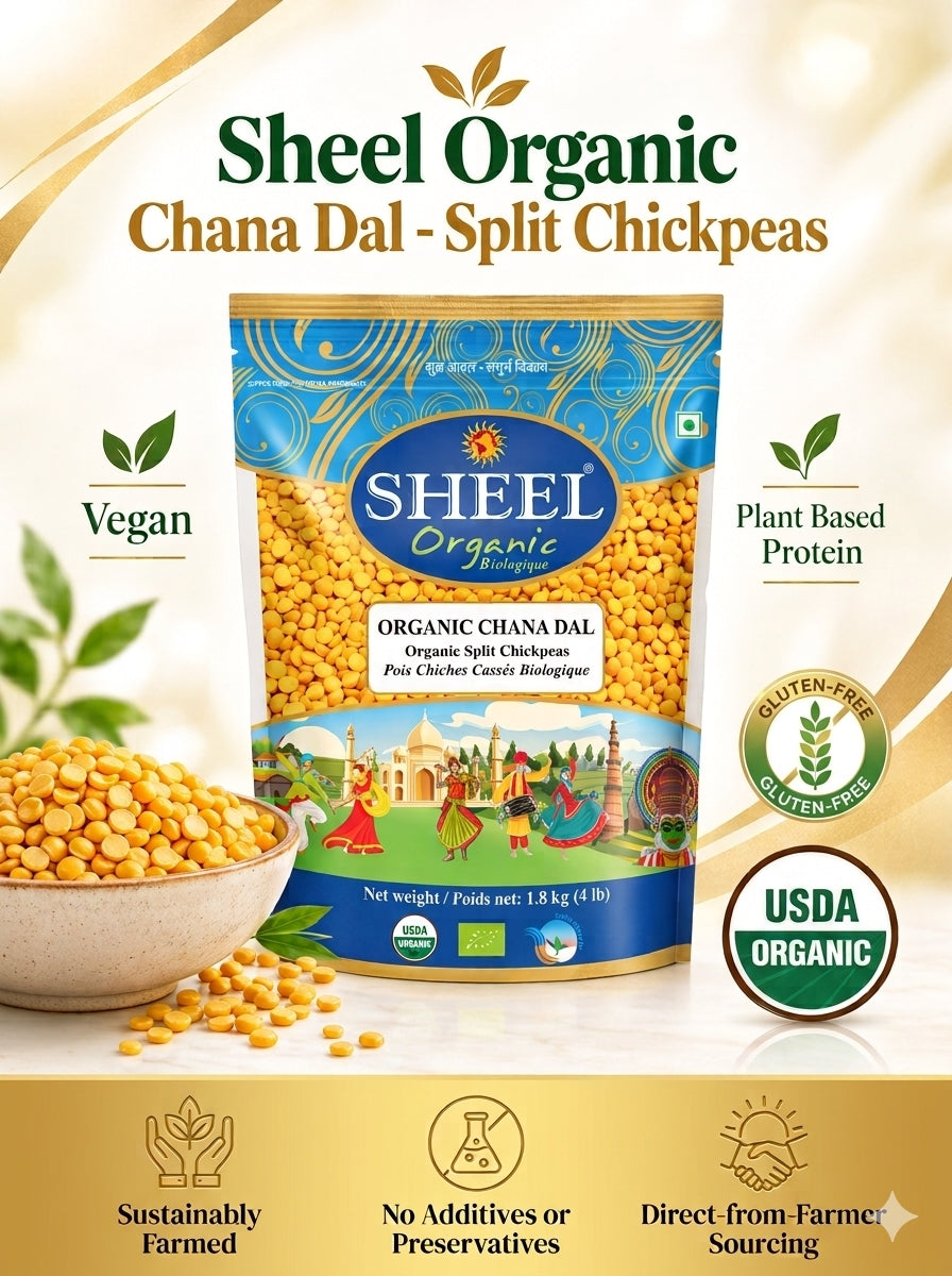 Sheel Organic Chana Dal / Split Chickpeas - 4 Lb (1.8 kg) ~ USDA Organic ~ Vegan ~ Gluten Free ~ Vegetarian