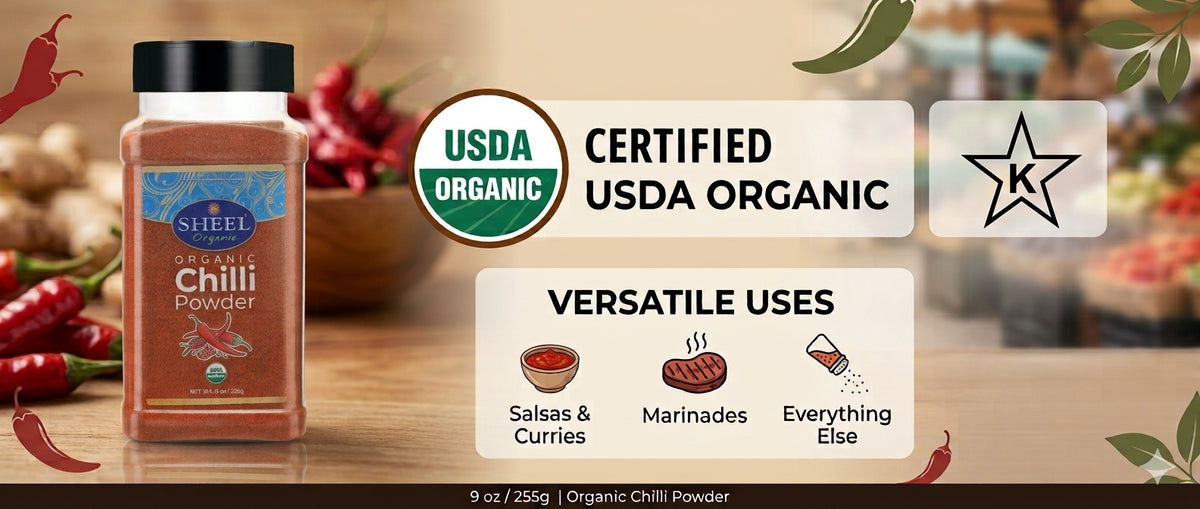 Sheel Organic Chilli Powder, USDA Certified, Kosher, Vegan - 9 oz / 255g