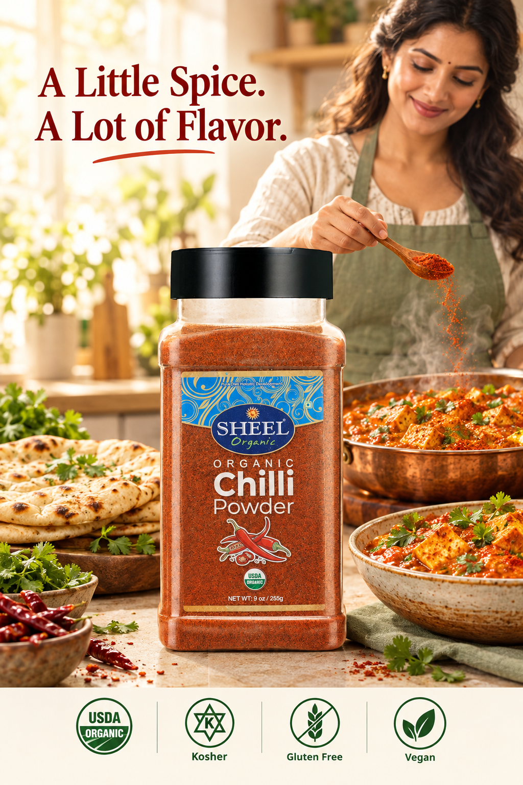 Sheel Organic Chilli Powder, USDA Certified, Kosher, Vegan - 9 oz / 255g