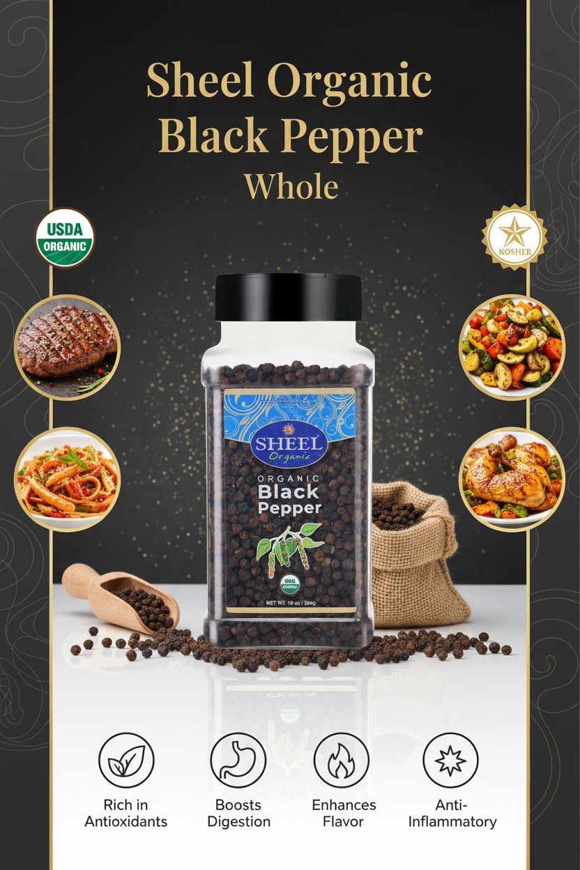 Sheel Organic Black Pepper Whole, USDA Certified, Non-GMO, Gluten-Free, Kosher, 10 oz - 284g