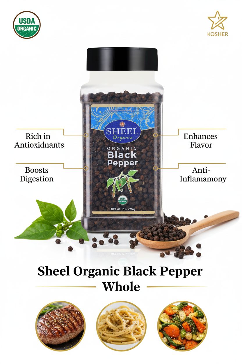 Sheel Organic Black Pepper Whole, USDA Certified, Non-GMO, Gluten-Free, Kosher, 10 oz - 284g