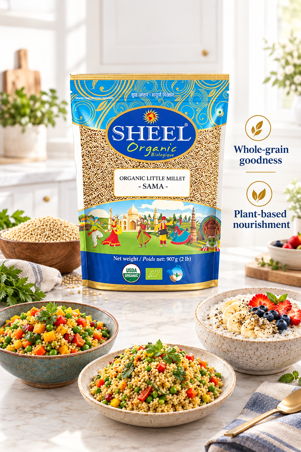SHEEL millet banner in a white kitchen