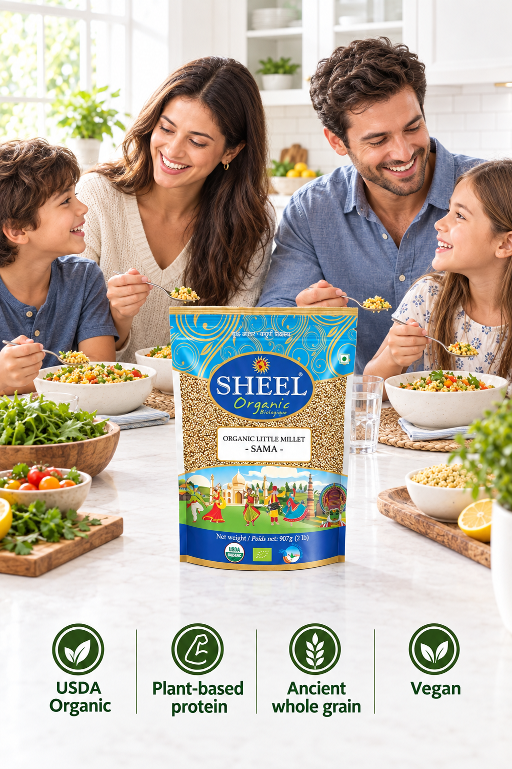 SHEEL millet banner with family meal