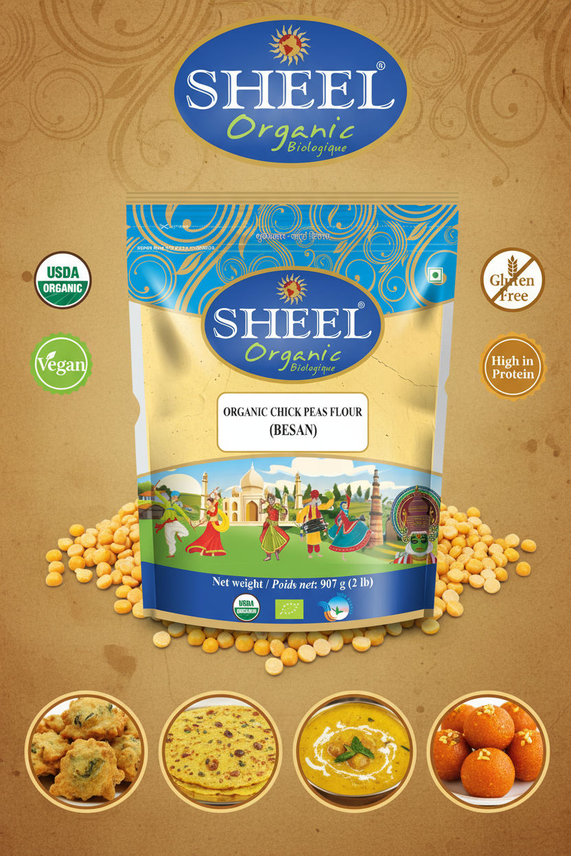 Sheel Organic Besan Banner with Chana Dal and Dishes