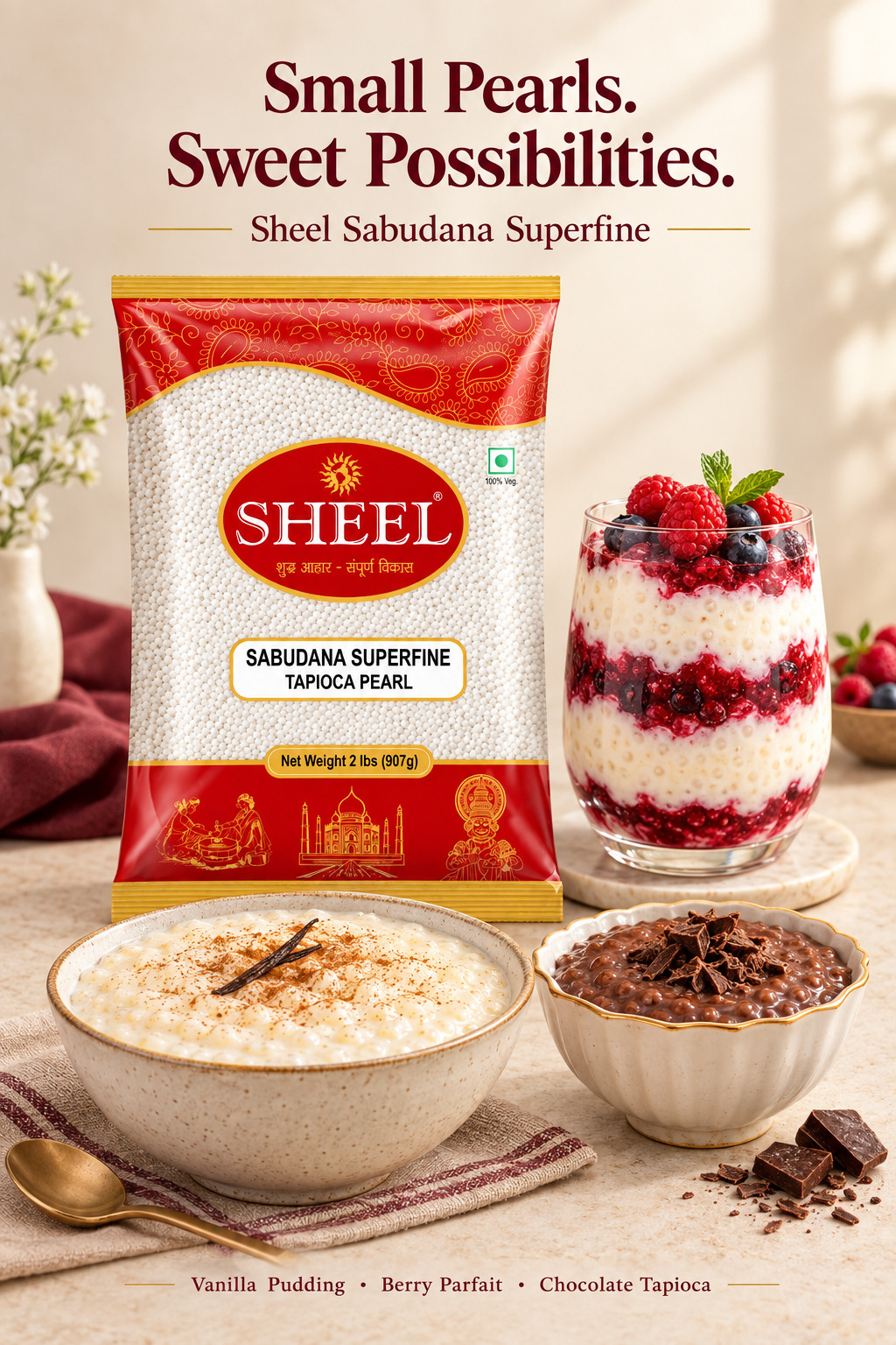 Sheel Sabudana Superfine – 2 Lb (908g) | Premium Quality Tapioca Sago Pearls for Pudding and Kheer | 100% Gluten-Free, Vegan & Non-GMO | Pure Fasting Food
