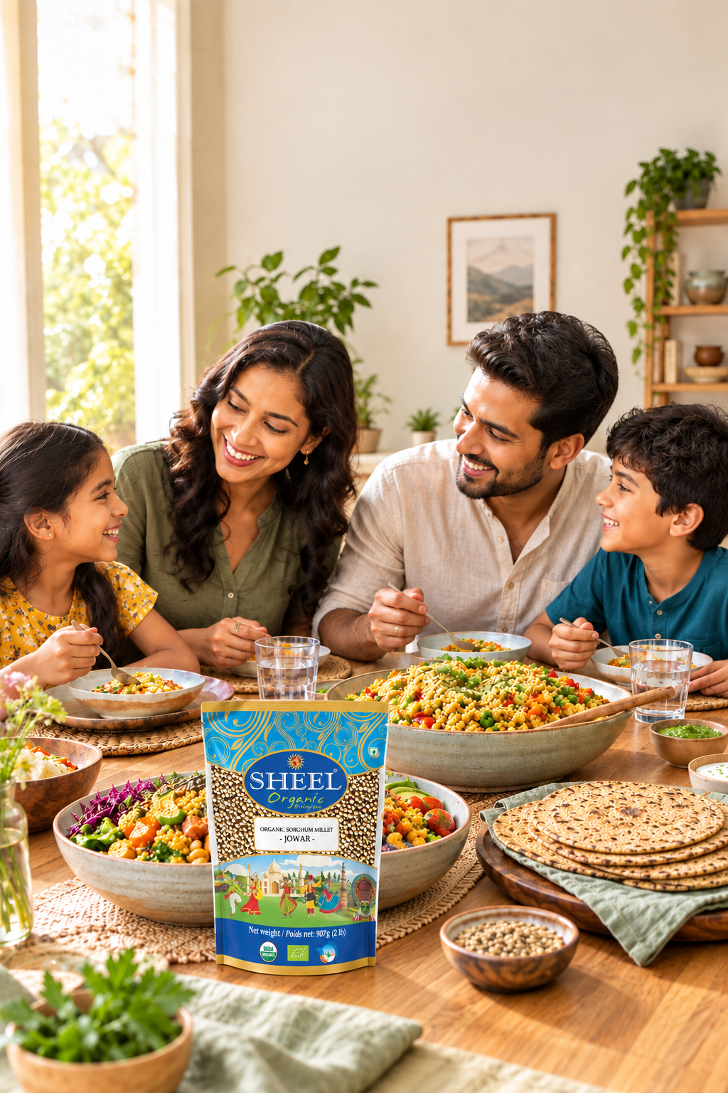 Young family enjoying millet dishes with Sheel product